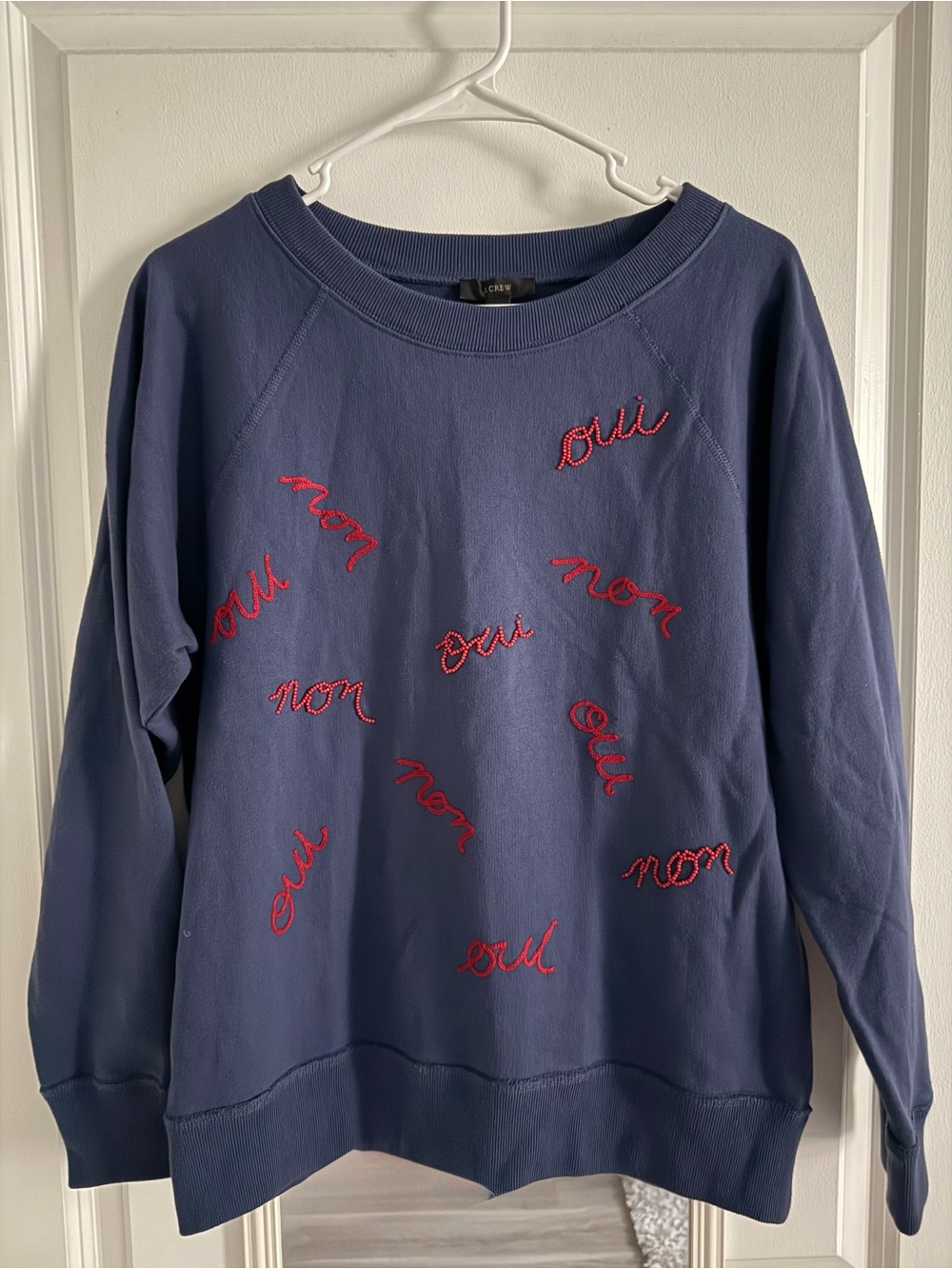 J.Crew Navy Oui/Non Beaded Embroidered Crewneck Sweatshirt M